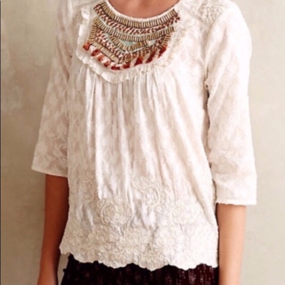 Anthropologie Embellished Lacey Peasant Top - Picture 2 of 7